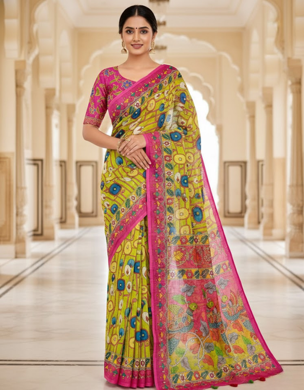 Green Linen Cotton Saree with Kalamkari Digital Prints & Designer Blouse