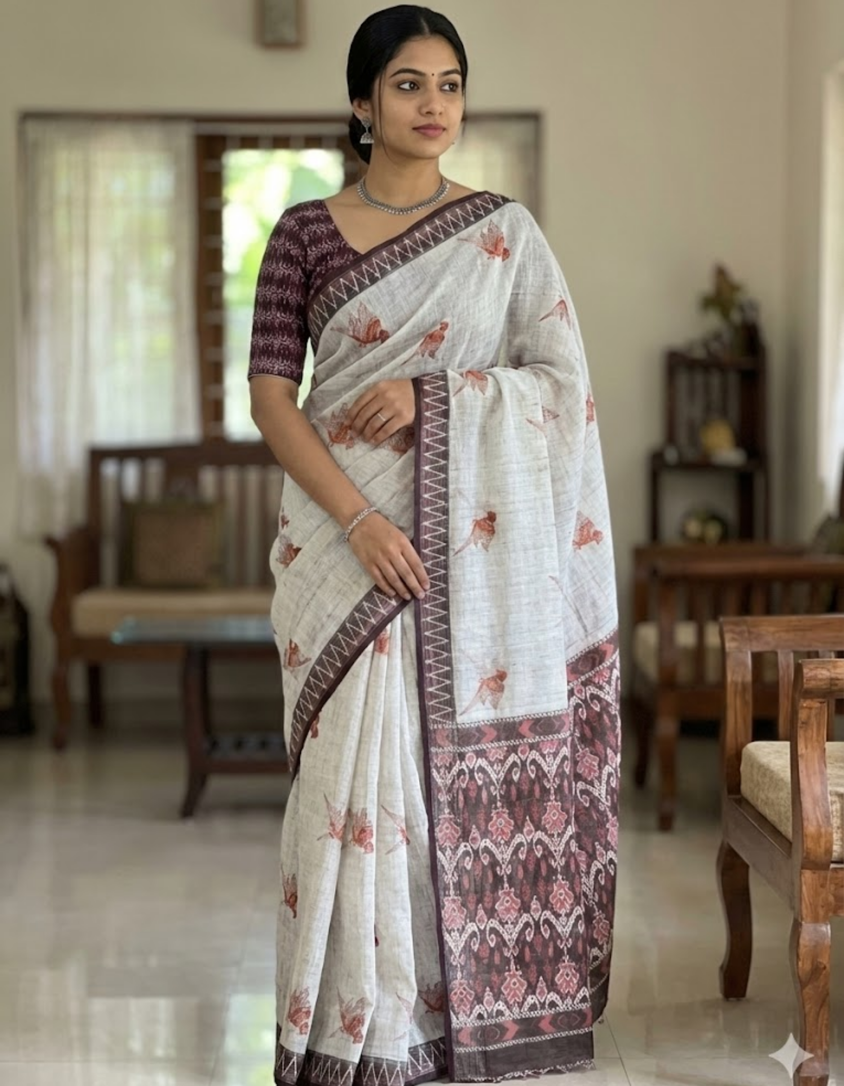 Soft Linen Cotton Saree with Animal Digital Prints & Silver Zari Border