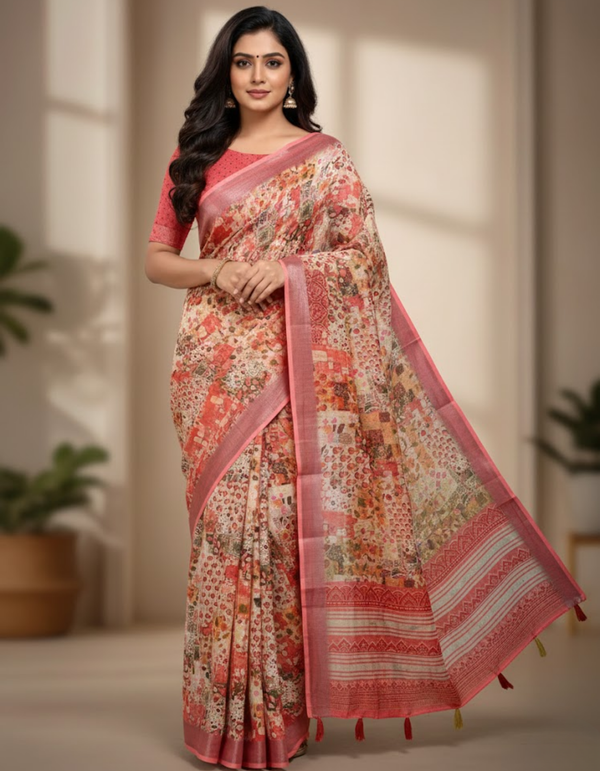 Linen Cotton Saree with Floral Digital Prints
