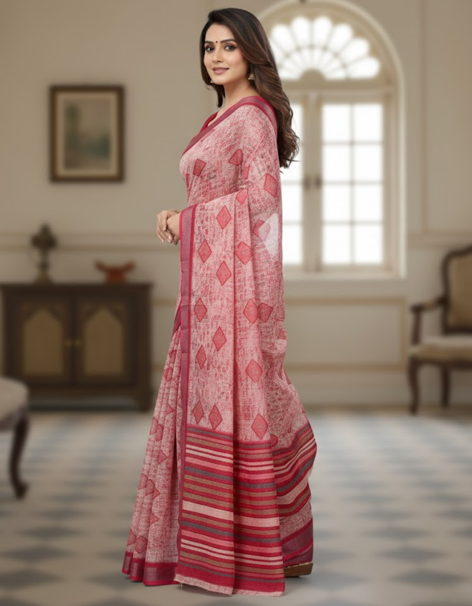 Linen Cotton Saree with Zari Weave Border & Geometric Digital Prints
