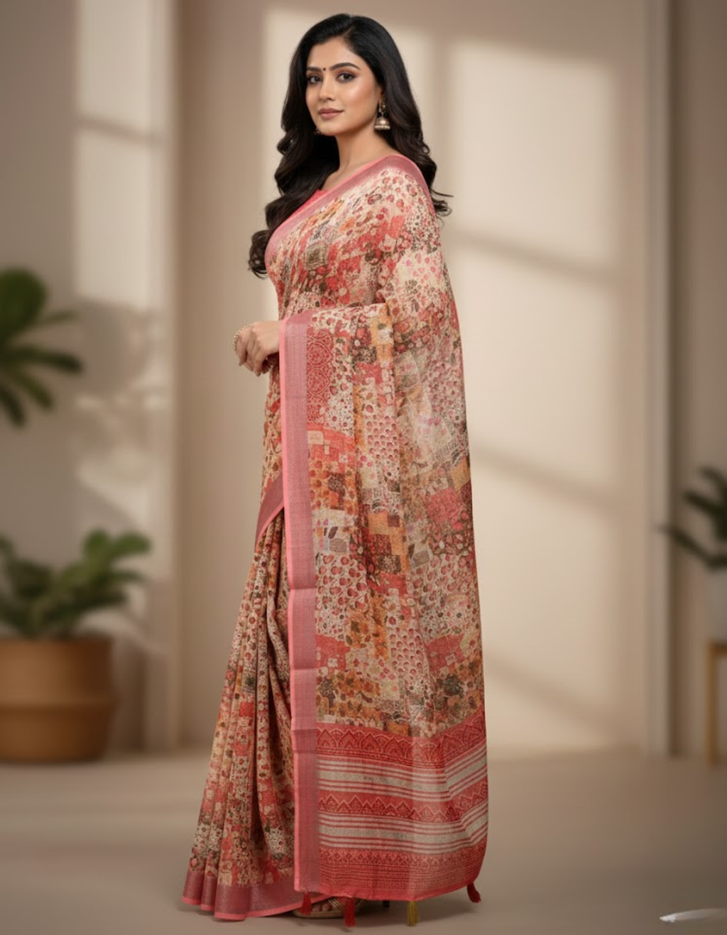 Linen Cotton Saree with Floral Digital Prints