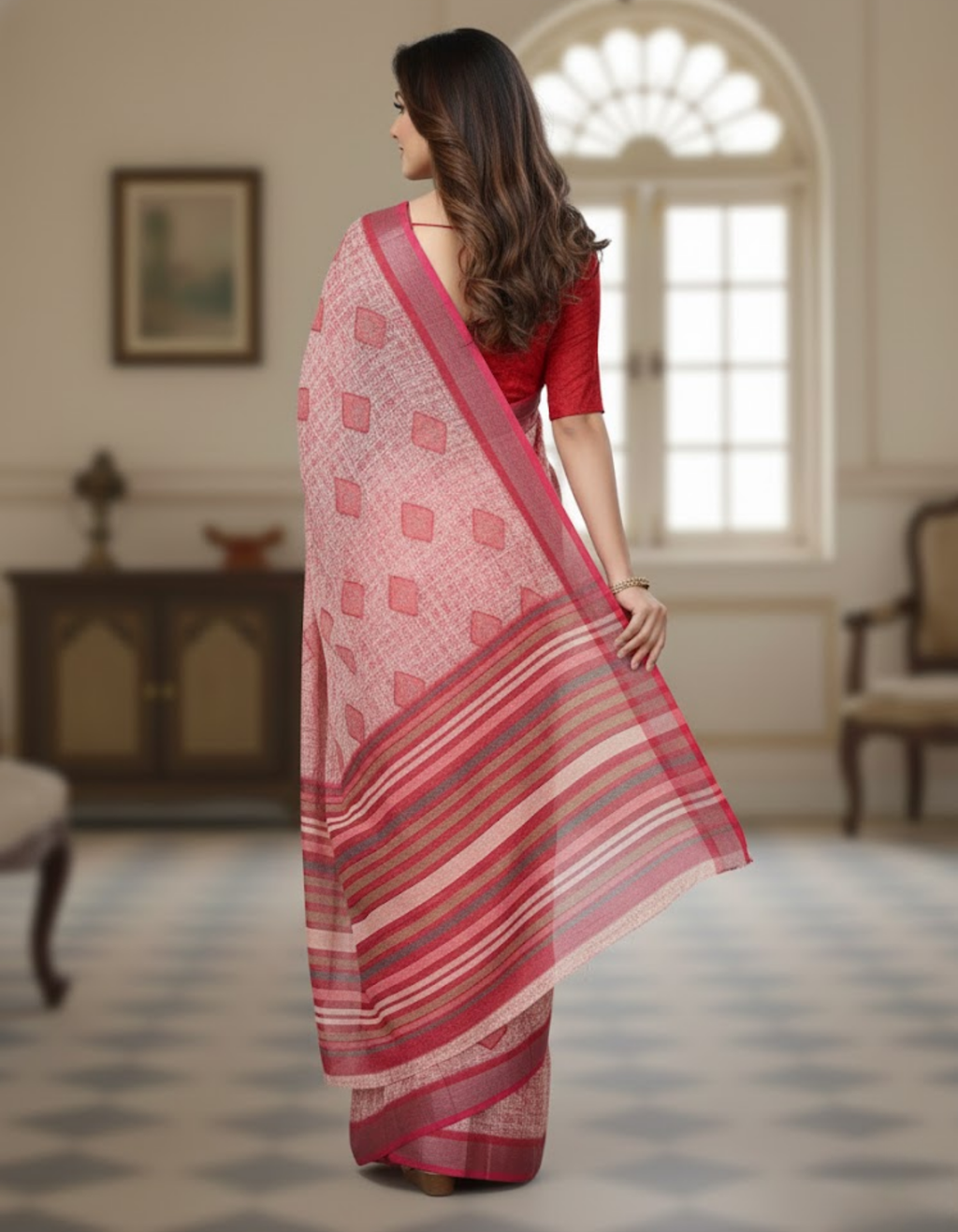 Linen Cotton Saree with Zari Weave Border & Geometric Digital Prints