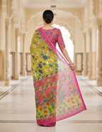 Green Linen Cotton Saree with Kalamkari Digital Prints & Designer Blouse