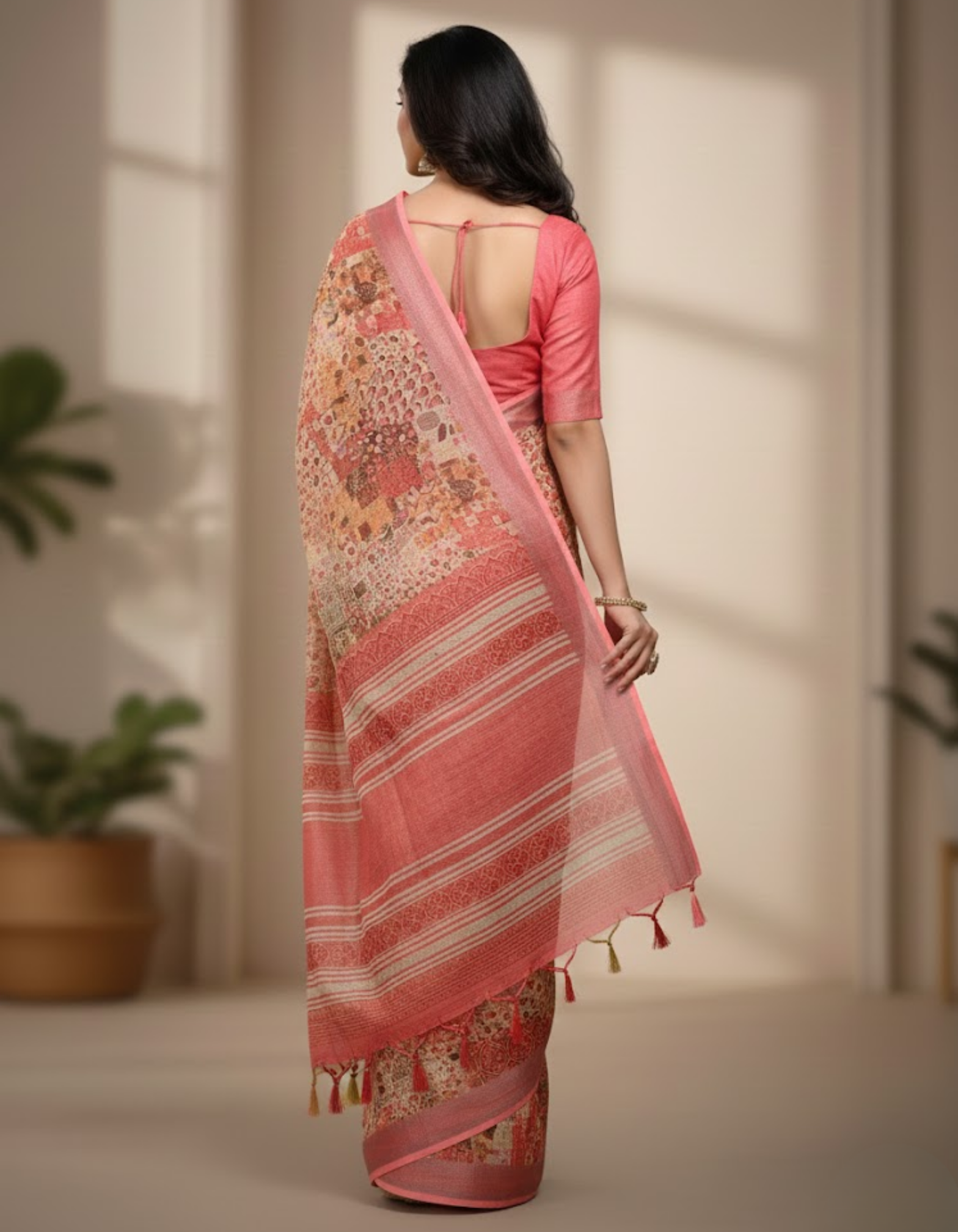 Linen Cotton Saree with Floral Digital Prints