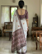 Soft Linen Cotton Saree with Animal Digital Prints & Silver Zari Border