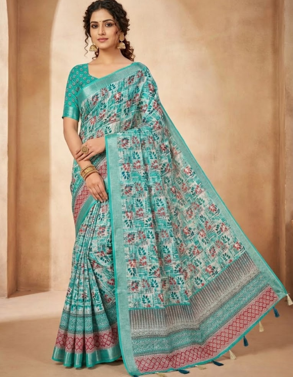 Linen Cotton Saree with Floral Digital Prints