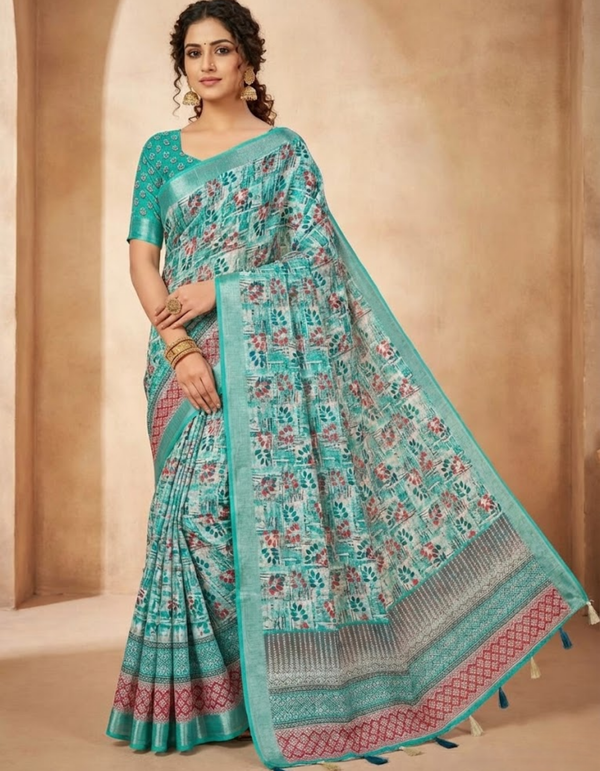 Linen Cotton Saree with Floral Digital Prints