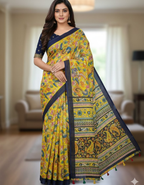 Yellow Linen Cotton Saree with Kalamkari Digital Prints & Designer Blouse