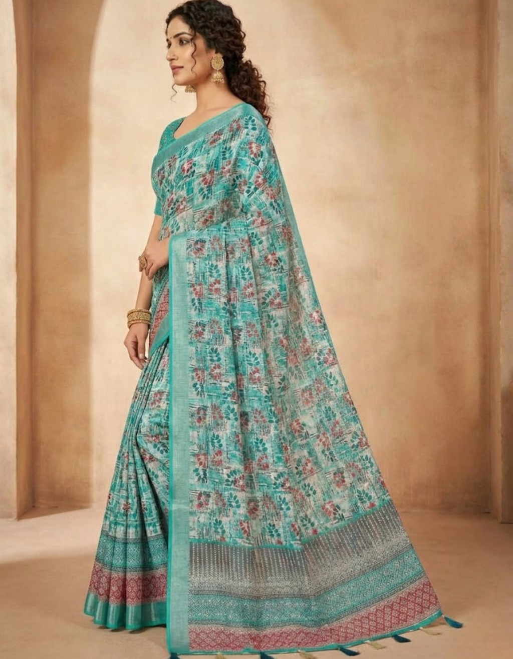 Linen Cotton Saree with Floral Digital Prints