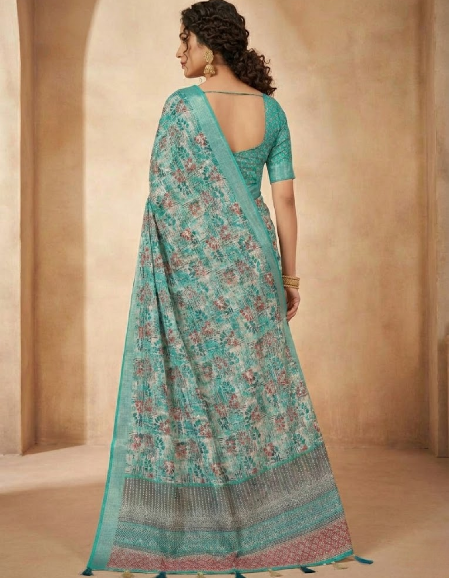 Linen Cotton Saree with Floral Digital Prints