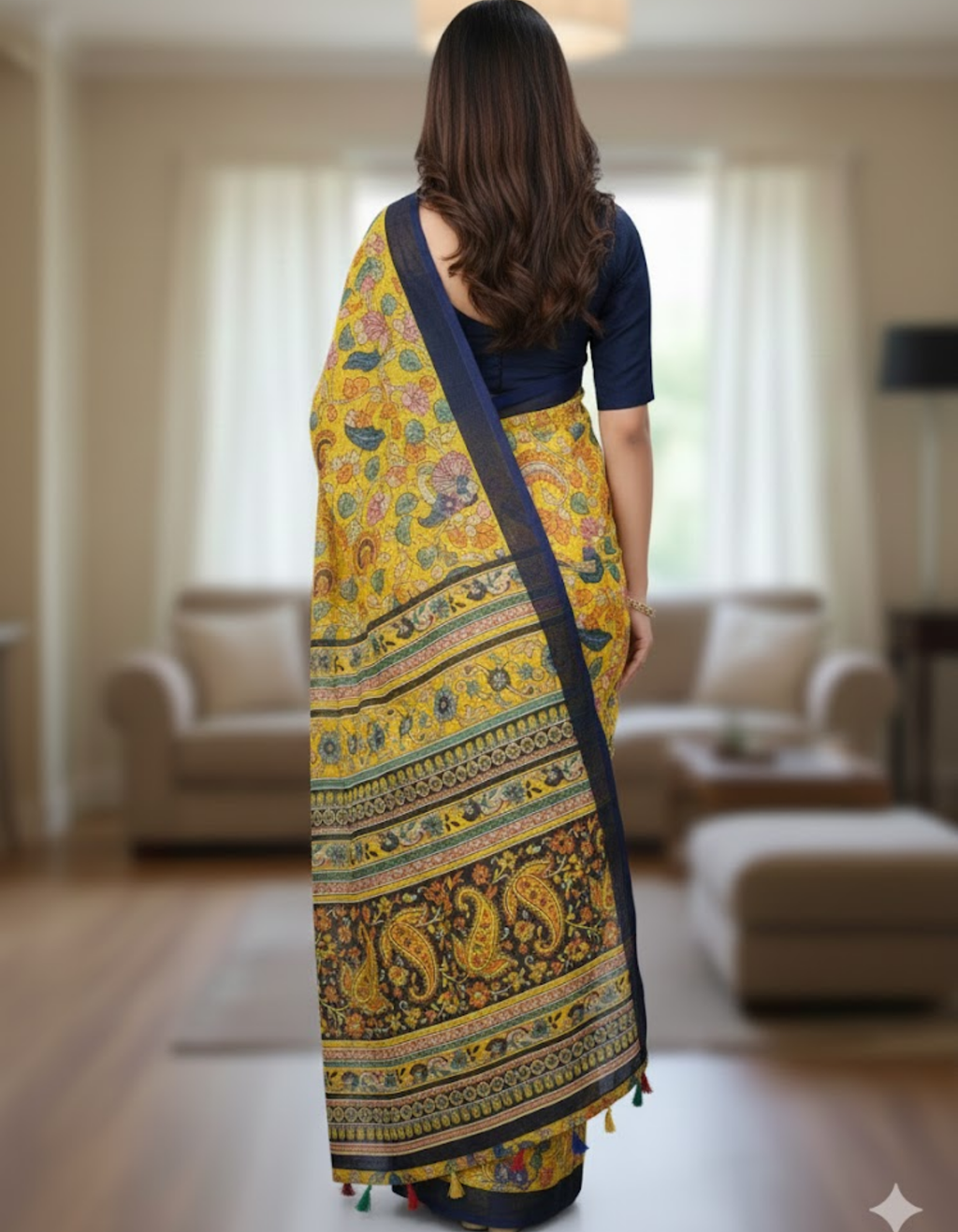 Yellow Linen Cotton Saree with Kalamkari Digital Prints & Designer Blouse