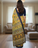 Yellow Linen Cotton Saree with Kalamkari Digital Prints & Designer Blouse