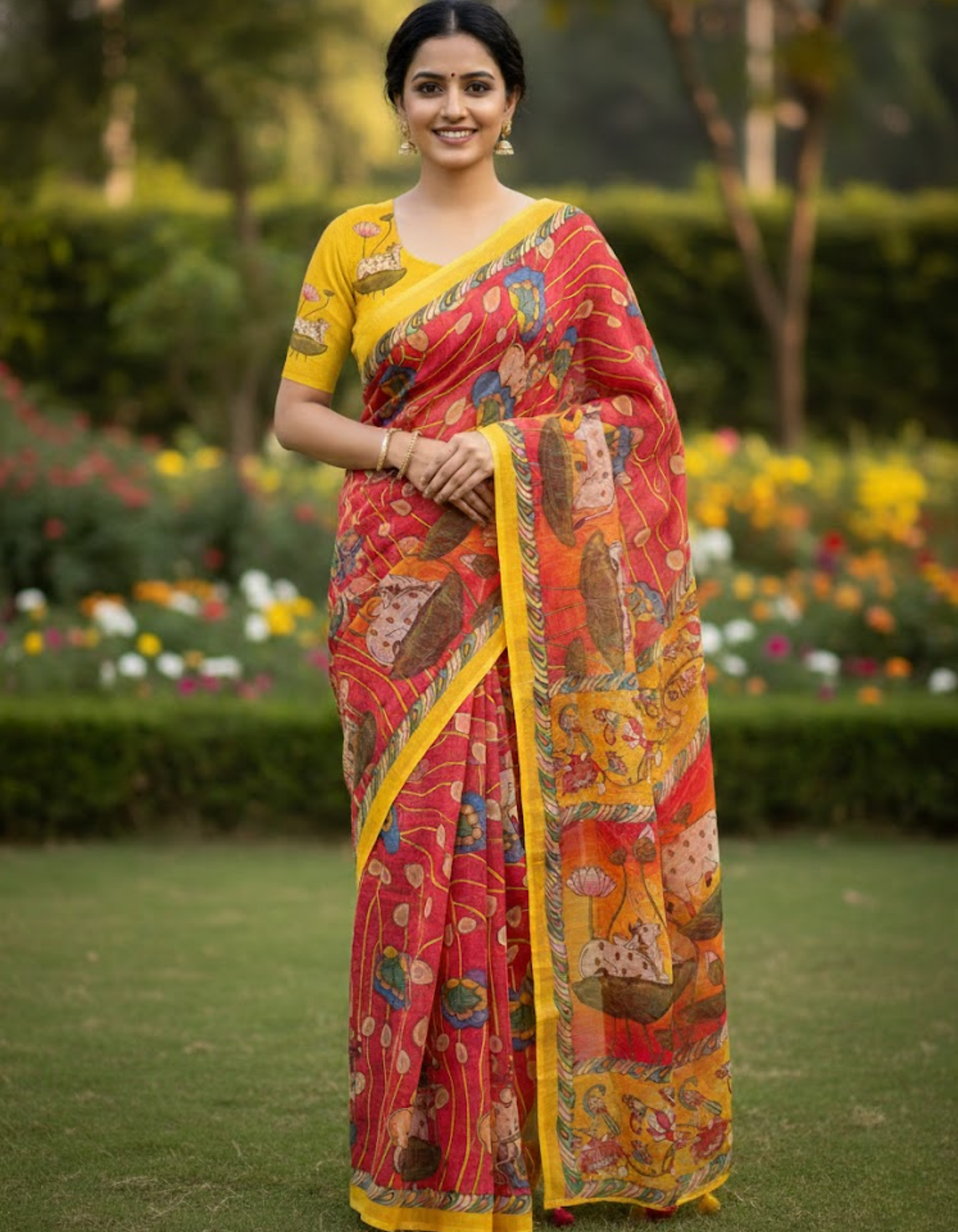 Hot Pink Linen Cotton Saree with Kalamkari Digital Prints & Designer Blouse