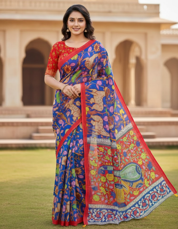 Royal Blue Linen Cotton Saree with Kalamkari Digital Prints & Designer Blouse
