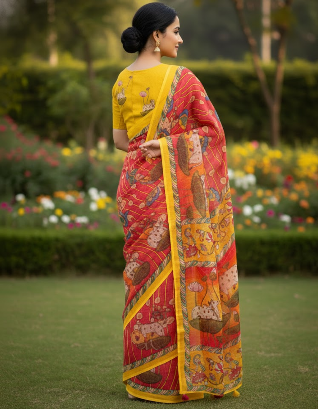 Hot Pink Linen Cotton Saree with Kalamkari Digital Prints & Designer Blouse