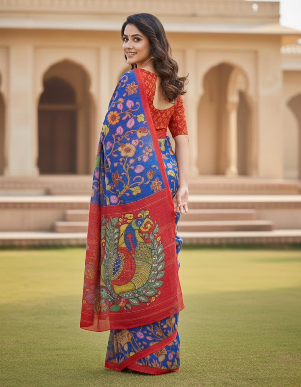 Royal Blue Linen Cotton Saree with Kalamkari Digital Prints & Designer Blouse