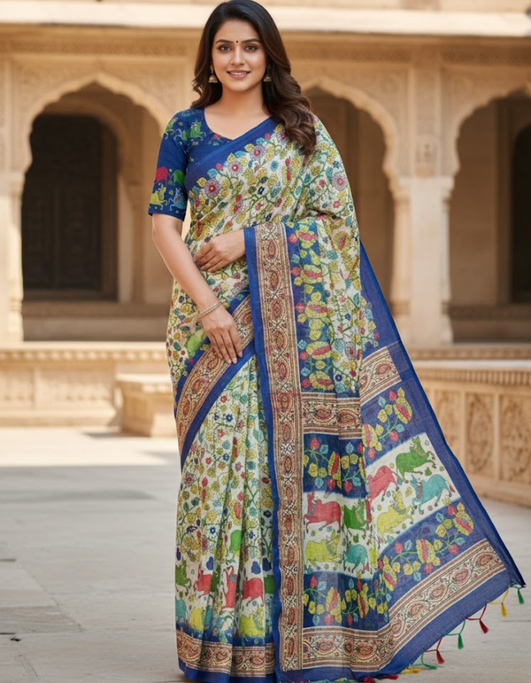 Cream Linen Cotton Saree with Kalamkari Digital Prints & Designer Blouse