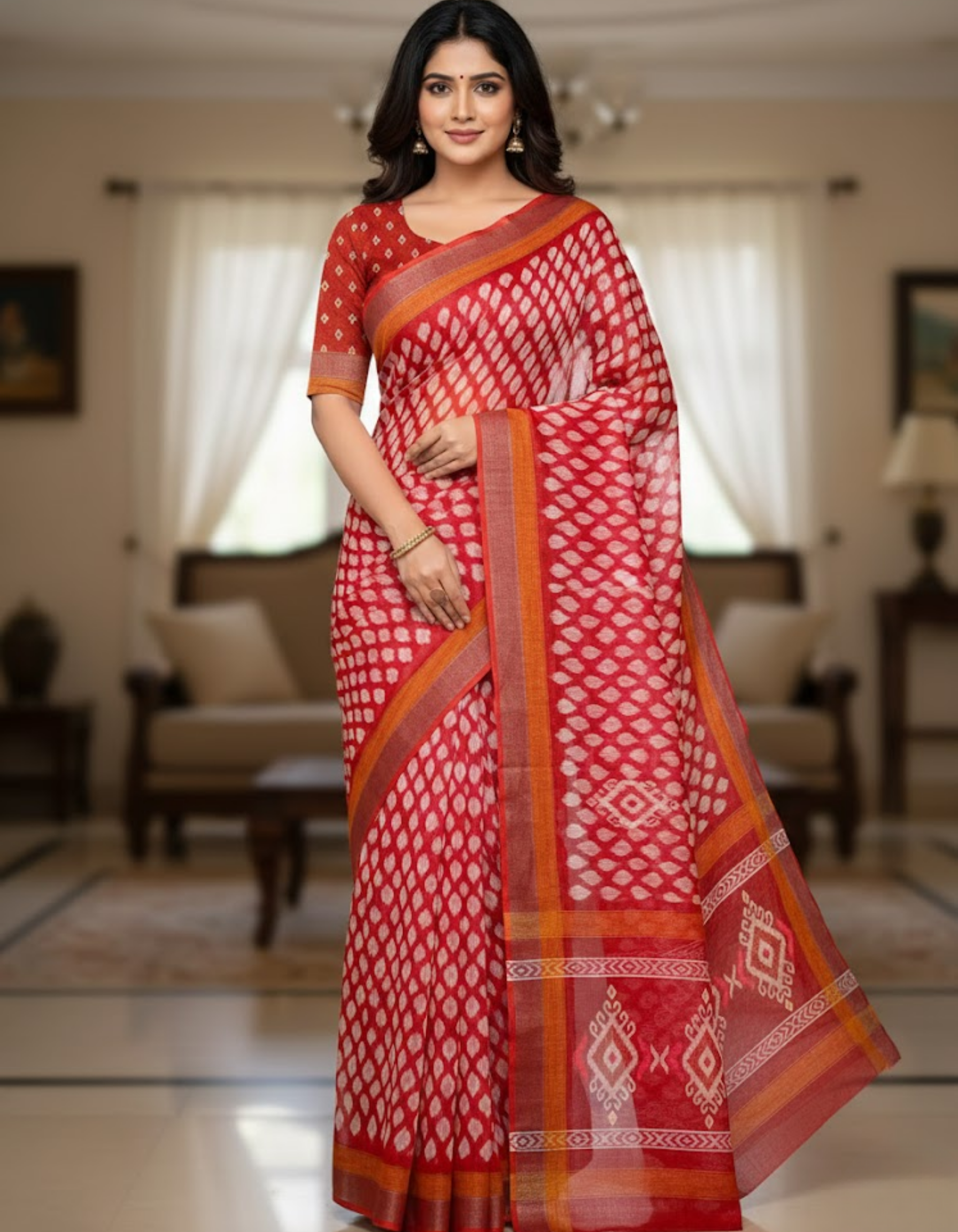 Soft Linen Cotton Saree with Ikkat Digital Prints & Silver Zari Border
