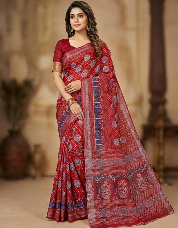 Soft Linen Cotton Saree with Ajrakh Digital Prints
