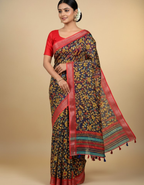 Linen Cotton Saree with Zari Weave Border & Pichwai Kalamkari Digital Prints