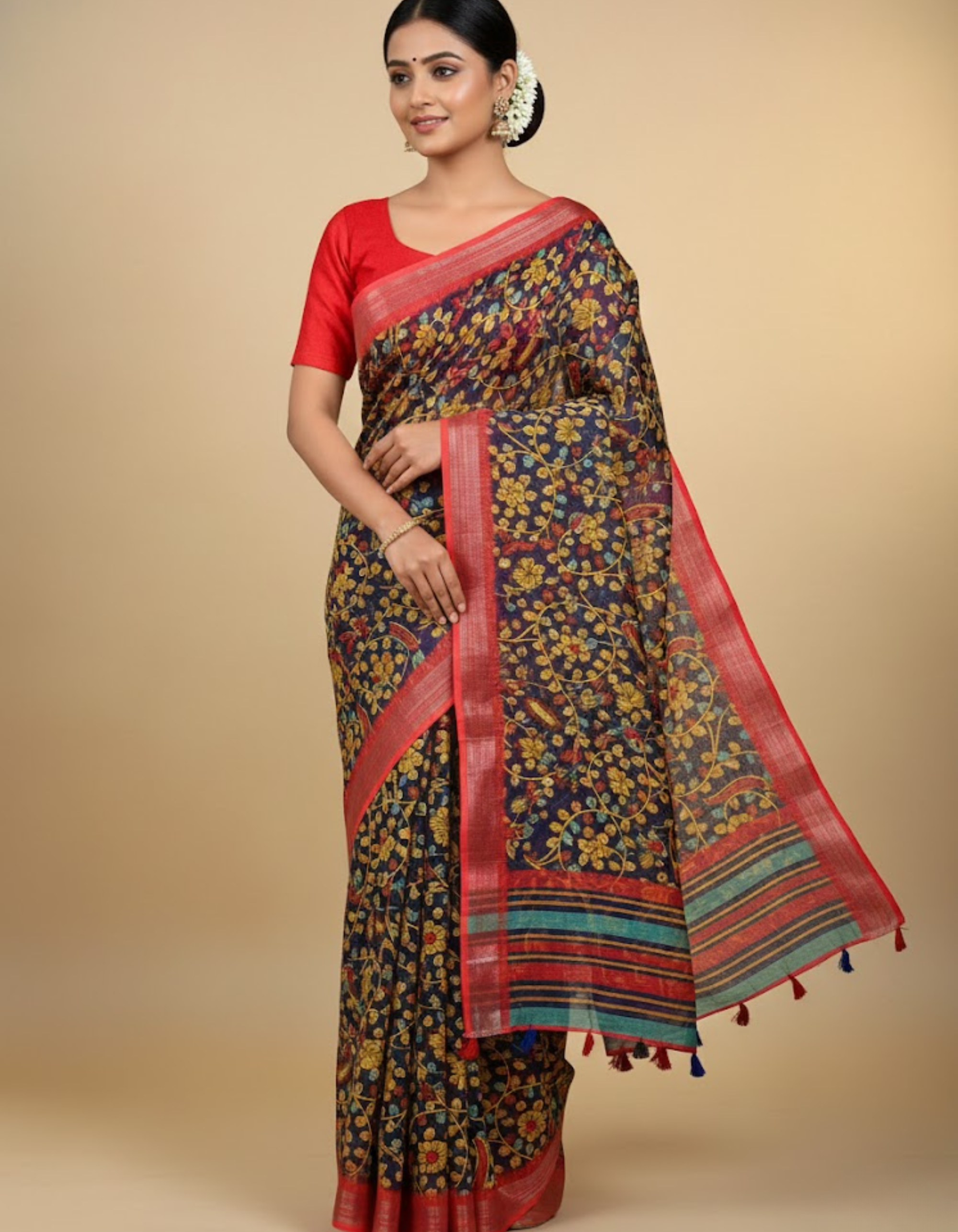 Linen Cotton Saree with Zari Weave Border & Pichwai Kalamkari Digital Prints