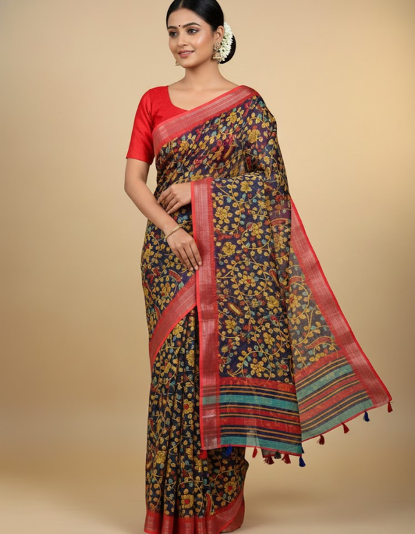 Linen Cotton Saree with Zari Weave Border & Pichwai Kalamkari Digital Prints