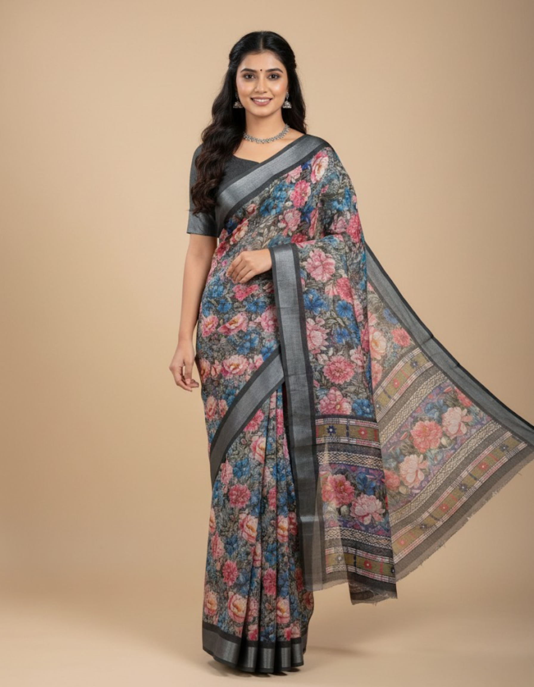 Linen Cotton Saree with Floral Digital Prints