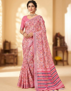Multicolor Linen Cotton Saree with Floral Digital Prints