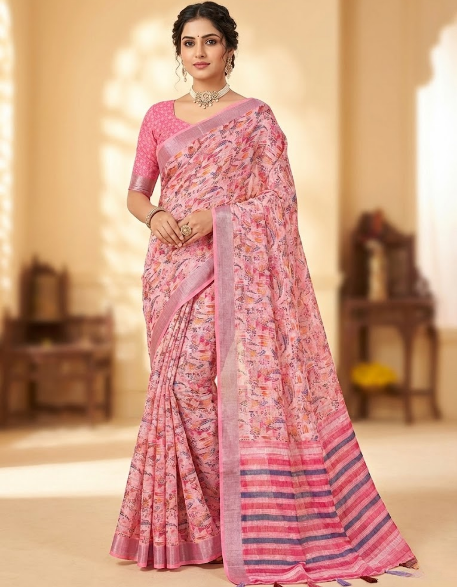 Multicolor Linen Cotton Saree with Floral Digital Prints