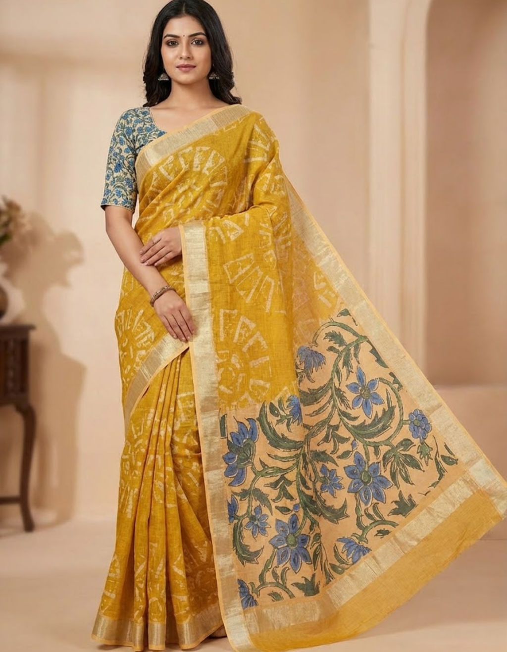 Mustard Linen Cotton Saree with Silver Zari Border, Graphic Digital Print Body & Kalamkari Floral Pallu