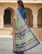 Cream Linen Cotton Saree with Kalamkari Digital Prints & Designer Blouse