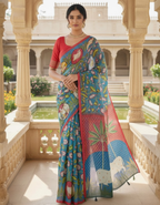 Blue Linen Cotton Saree with Kalamkari Digital Prints & Designer Blouse