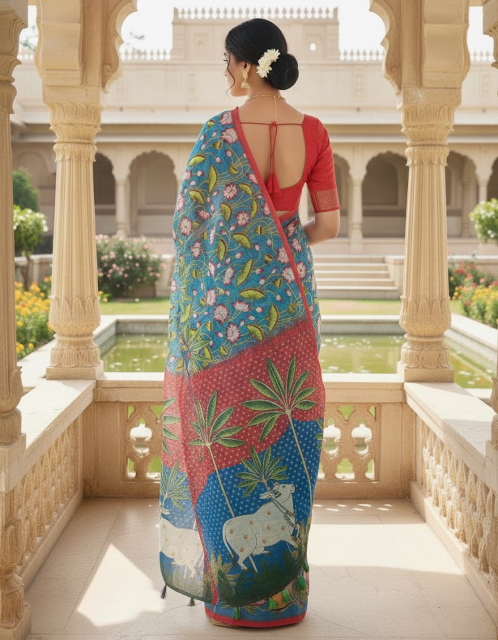 Blue Linen Cotton Saree with Kalamkari Digital Prints & Designer Blouse