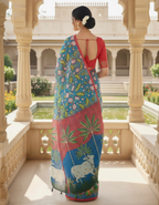 Blue Linen Cotton Saree with Kalamkari Digital Prints & Designer Blouse