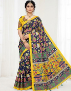 Navy Blue Linen Cotton Saree with Kalamkari Digital Prints & Designer Blouse