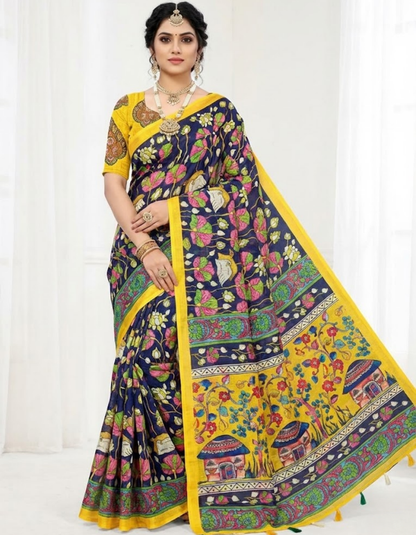 Navy Blue Linen Cotton Saree with Kalamkari Digital Prints & Designer Blouse
