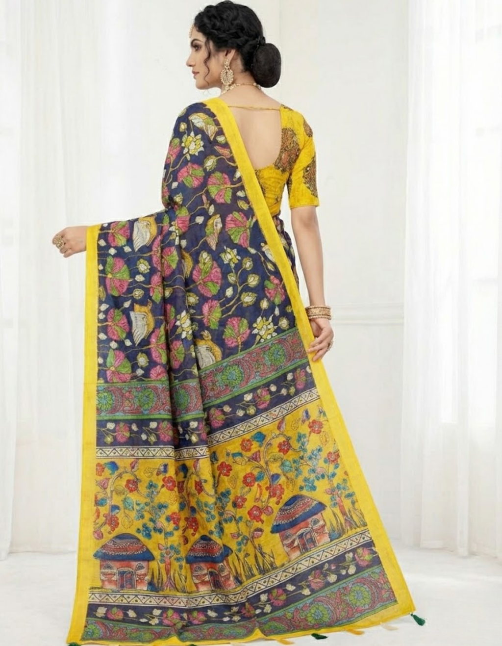 Navy Blue Linen Cotton Saree with Kalamkari Digital Prints & Designer Blouse