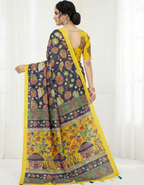 Navy Blue Linen Cotton Saree with Kalamkari Digital Prints & Designer Blouse