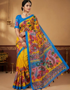 Mustard Linen Cotton Saree with Kalamkari Digital Prints & Designer Blouse