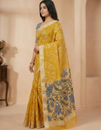 Mustard Linen Cotton Saree with Silver Zari Border, Graphic Digital Print Body & Kalamkari Floral Pallu