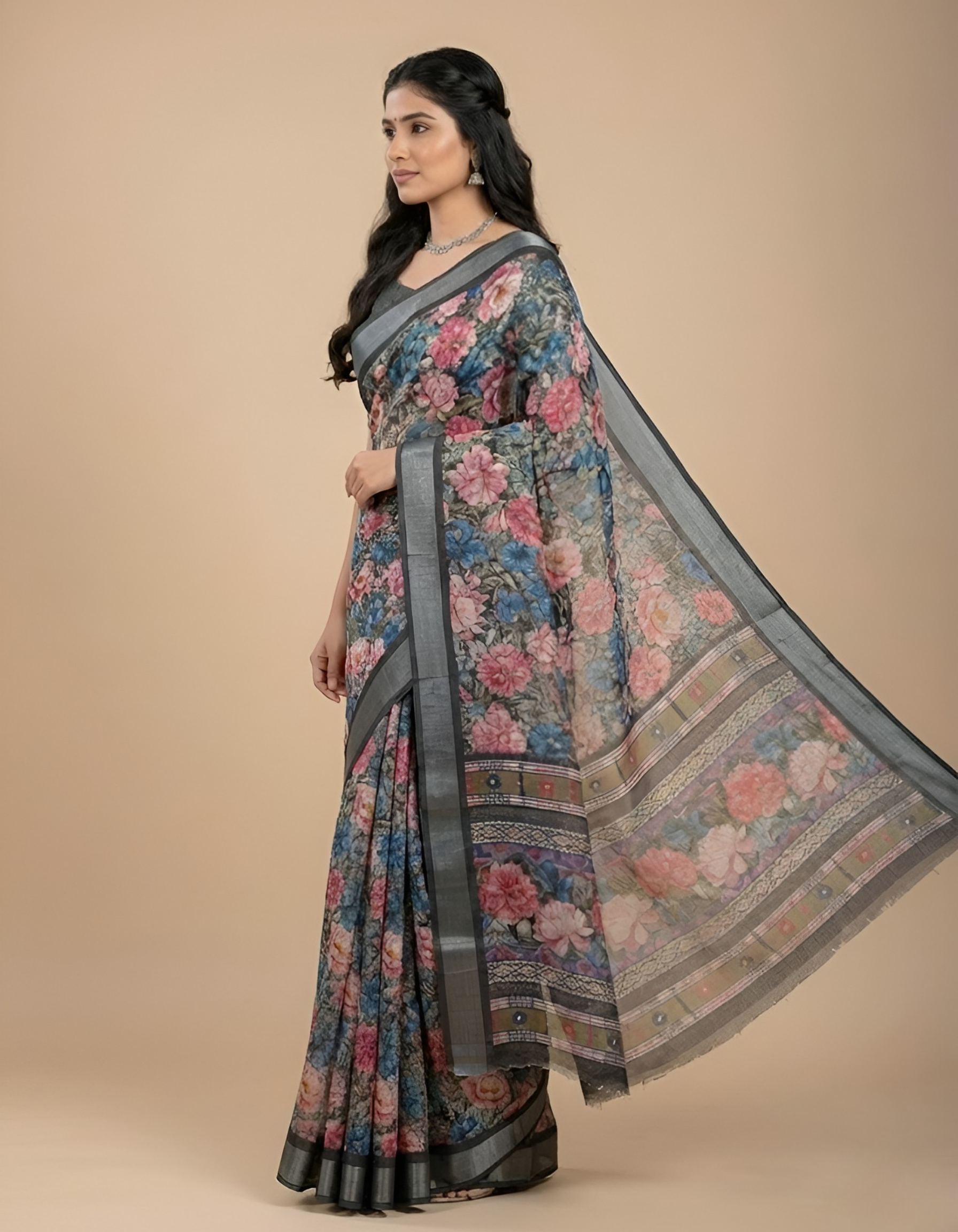 Linen Cotton Saree with Floral Digital Prints