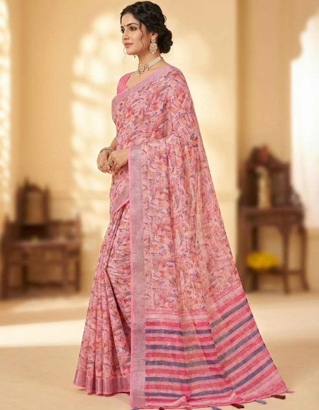Multicolor Linen Cotton Saree with Floral Digital Prints