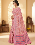 Multicolor Linen Cotton Saree with Floral Digital Prints