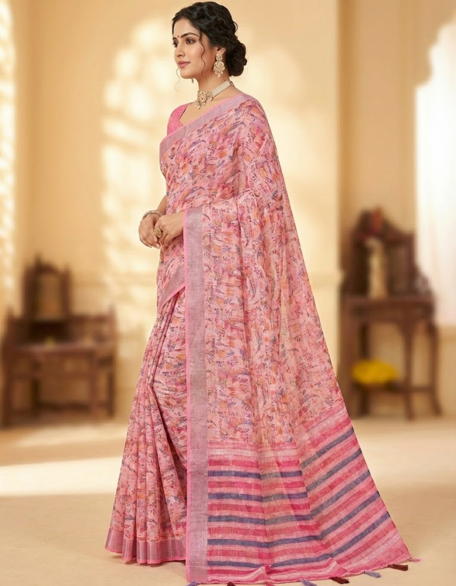 Multicolor Linen Cotton Saree with Floral Digital Prints