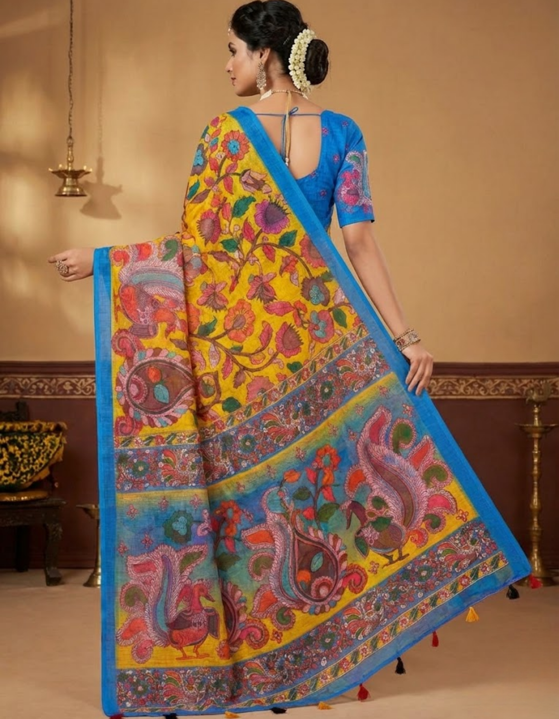Mustard Linen Cotton Saree with Kalamkari Digital Prints & Designer Blouse