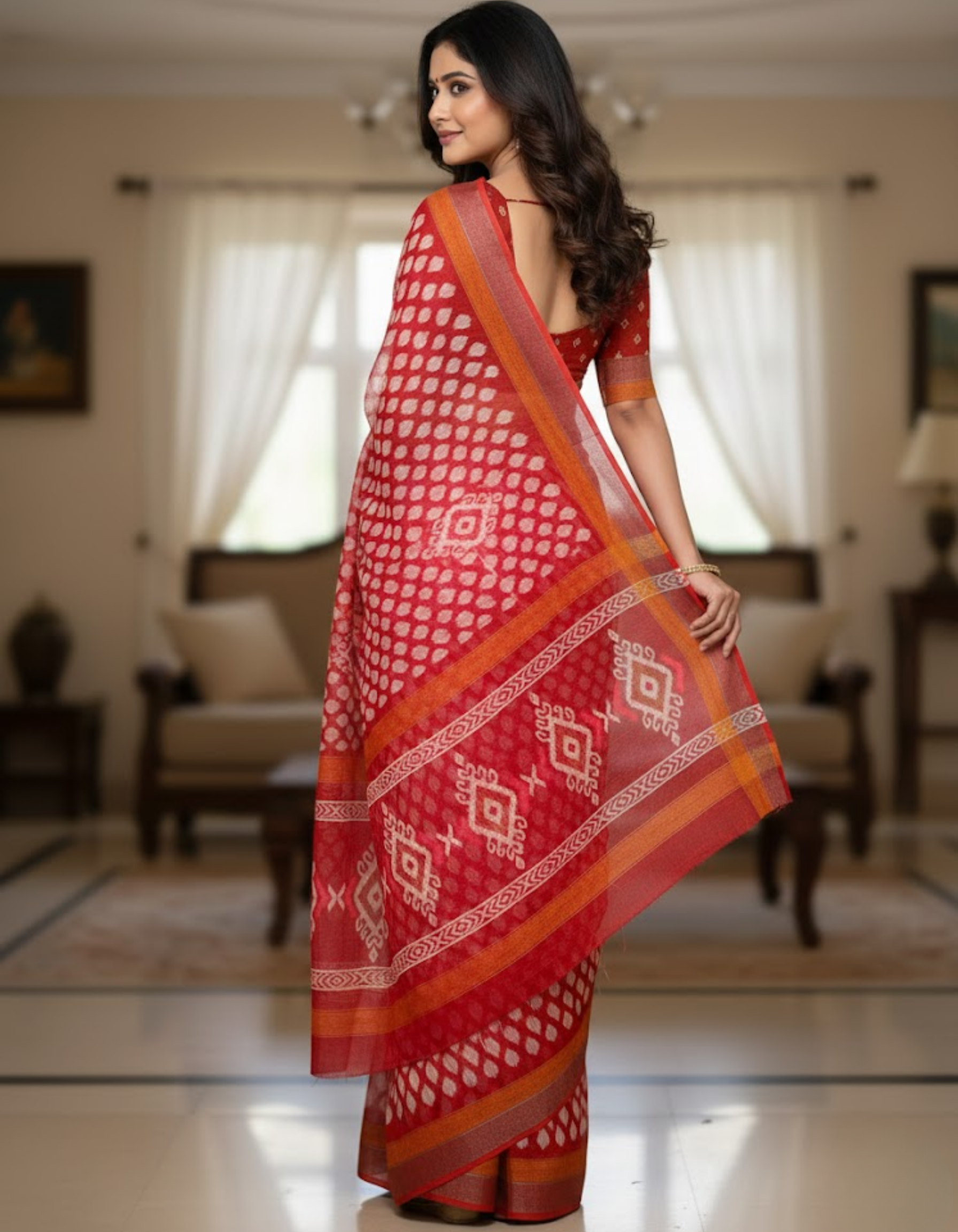 Soft Linen Cotton Saree with Ikkat Digital Prints & Silver Zari Border