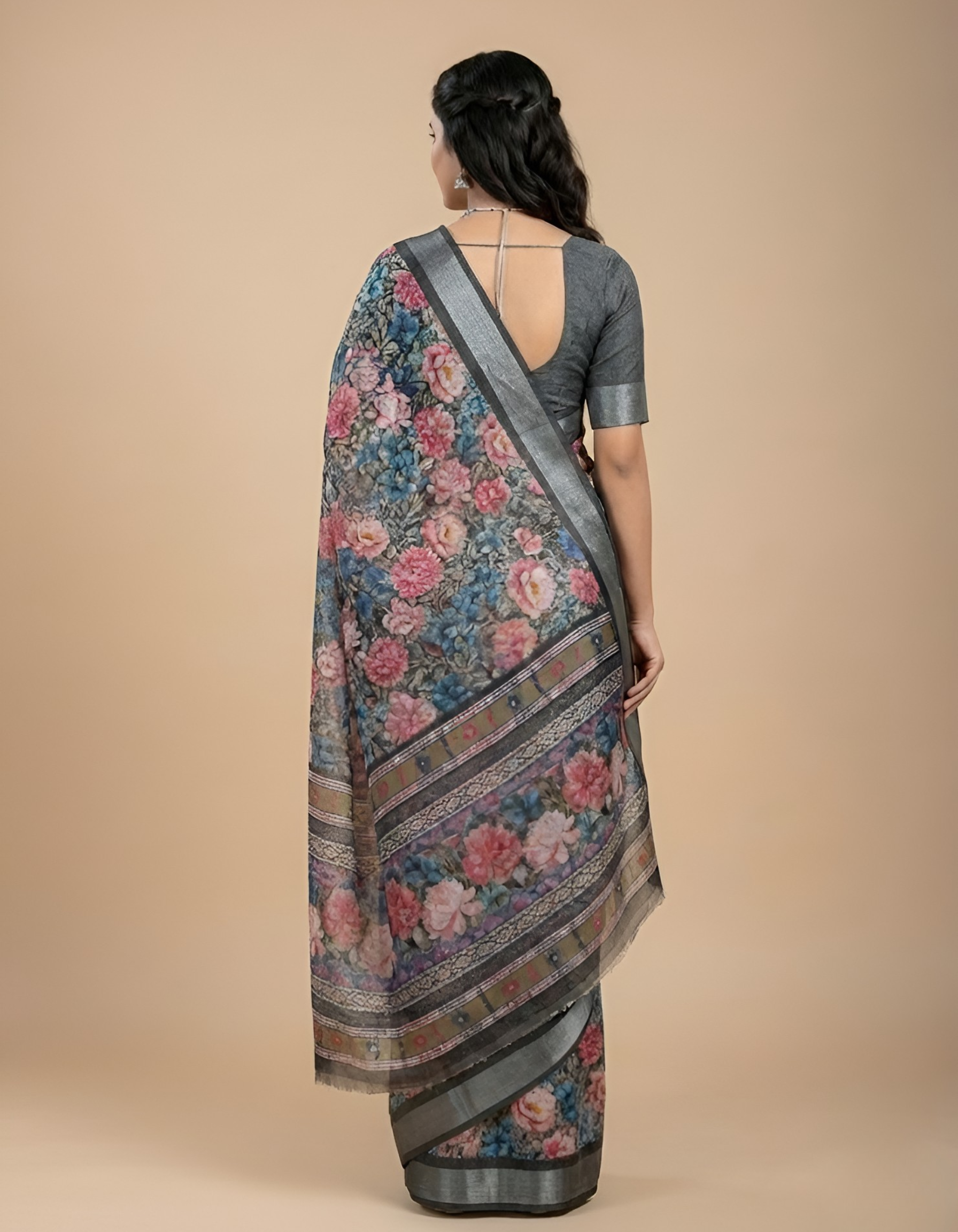 Linen Cotton Saree with Floral Digital Prints