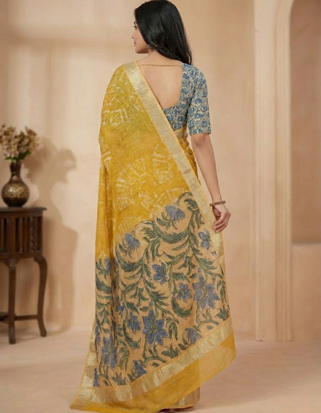 Mustard Linen Cotton Saree with Silver Zari Border, Graphic Digital Print Body & Kalamkari Floral Pallu