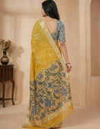 Mustard Linen Cotton Saree with Silver Zari Border, Graphic Digital Print Body & Kalamkari Floral Pallu