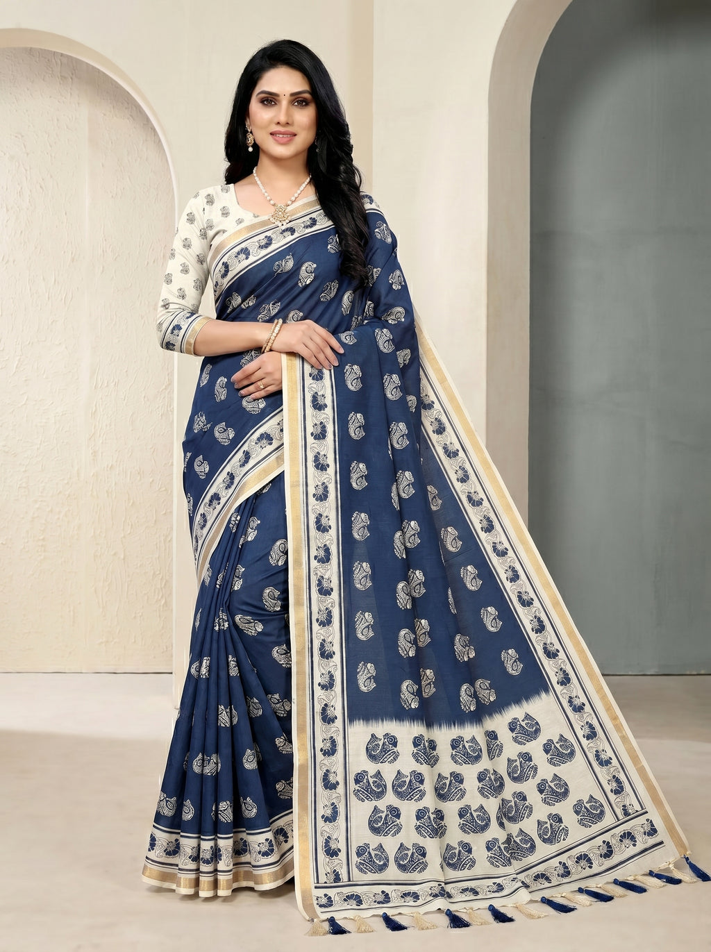 Zariya Cotton Blend Saree – Navy Blue